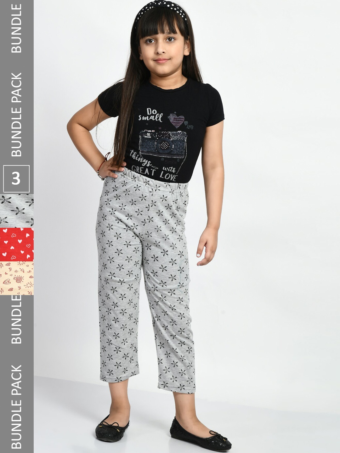 

BAESD Girls Mid-Rise Pack Of 3 Printed Cotton Lounge Pants, Grey