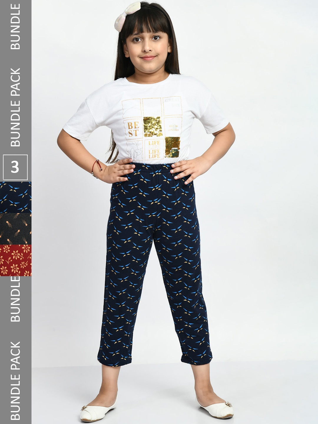 

BAESD Girls Pack Of 3 Conversational Printed Pure Cotton Lounge Pants, Navy blue