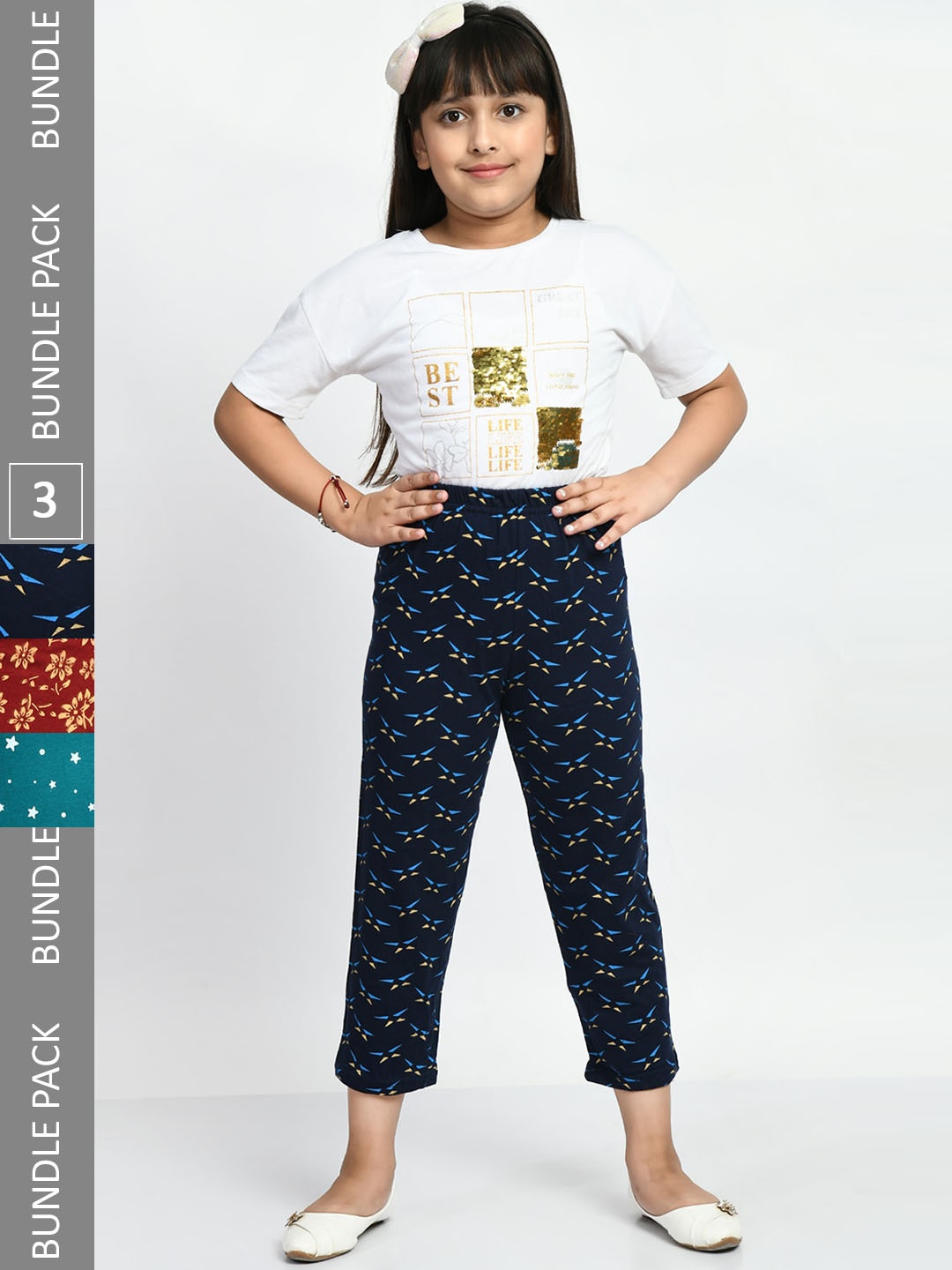 

BAESD Girls Pack Of 3 Printed Pure Cotton Lounge Pants, Navy blue