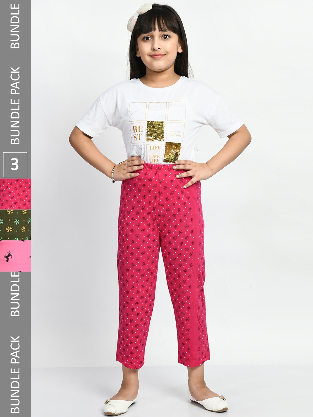 

BAESD Girls Pack Of 3 Conversational Printed Pure Cotton Lounge Pants, Pink