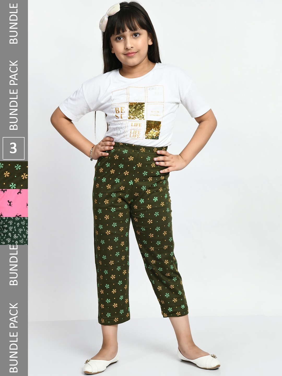 

BAESD Girls Pack Of 3 Pure Cotton Printed Lounge Pants, Olive