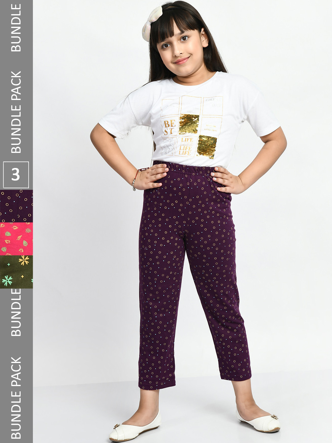 

BAESD Girls Pack Of 3 Printed Pure Cotton Lounge Pants, Purple