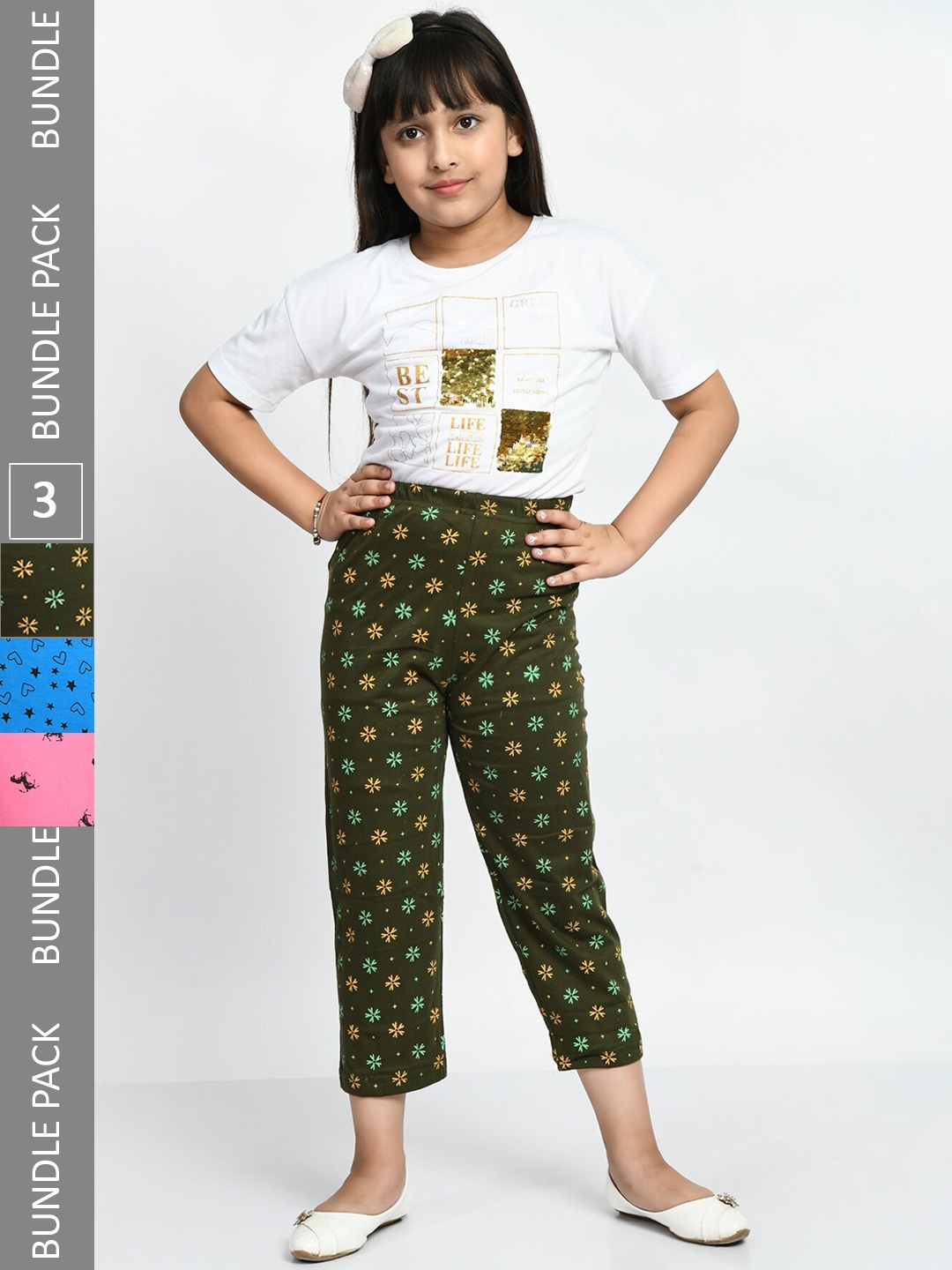 

BAESD Girls Pack Of 3 Printed Pure Cotton Lounge Pants, Olive