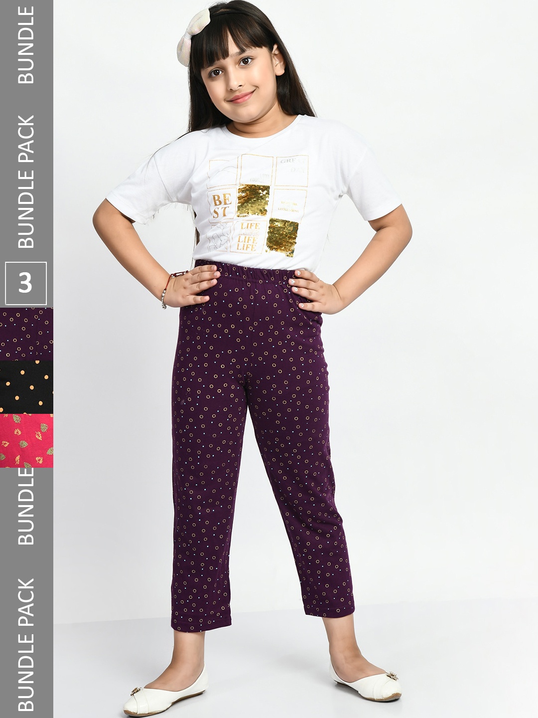 

BAESD Girls Pack Of 3 Printed Pure Cotton Lounge Pants, Purple