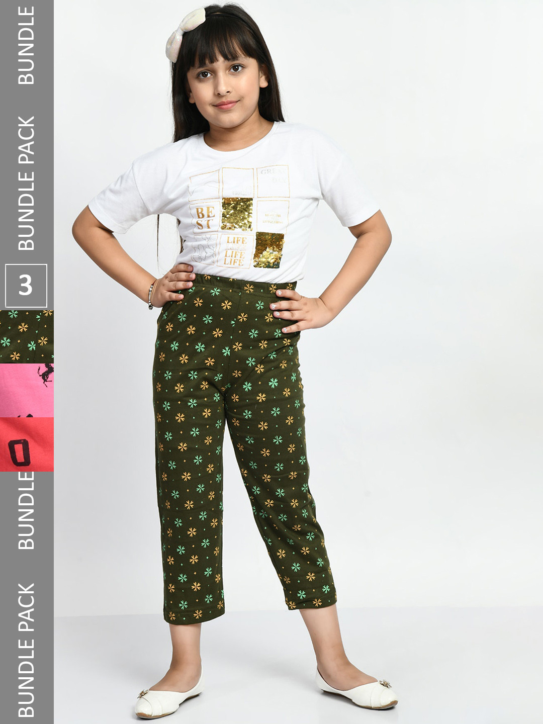 

BAESD Girls Pack Of 3 Printed Pure Cotton Lounge Pants, Olive