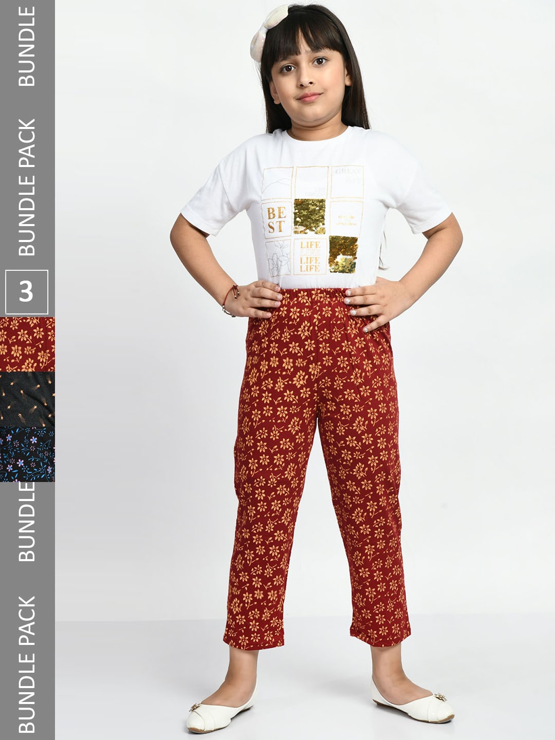 

BAESD Girls Pack Of 3 Pure Cotton Conversational Printed Lounge Pants, Rust