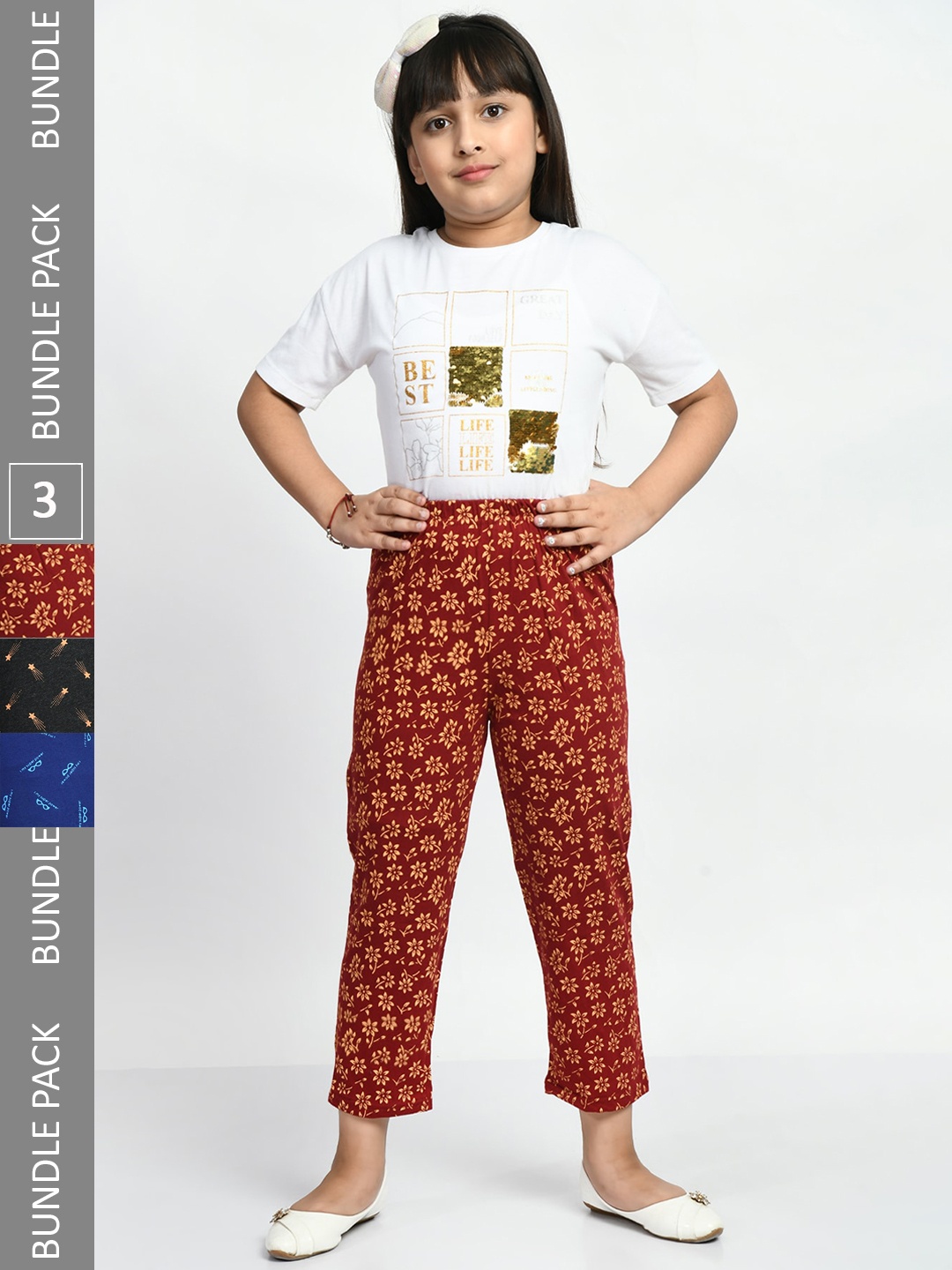 

BAESD Girls Pack Of 3 Printed Pure Cotton Lounge Pants, Maroon