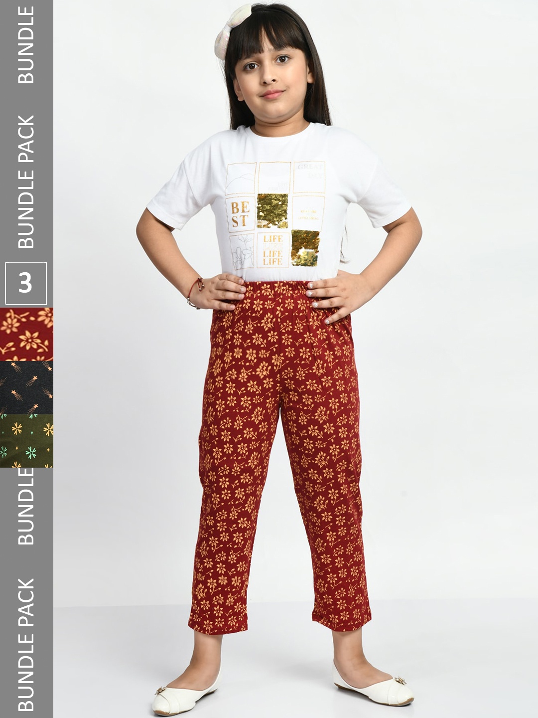 

BAESD Girls Pack Of 3 Printed Cotton Lounge Pants, Green