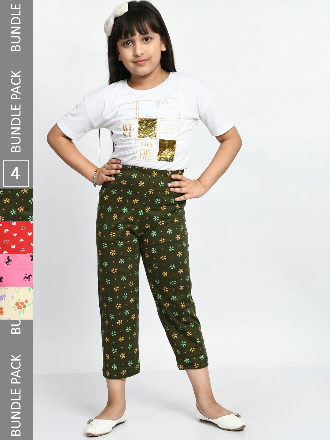 

BAESD Girls Pack Of 4 Printed Cotton Lounge Pants, Olive