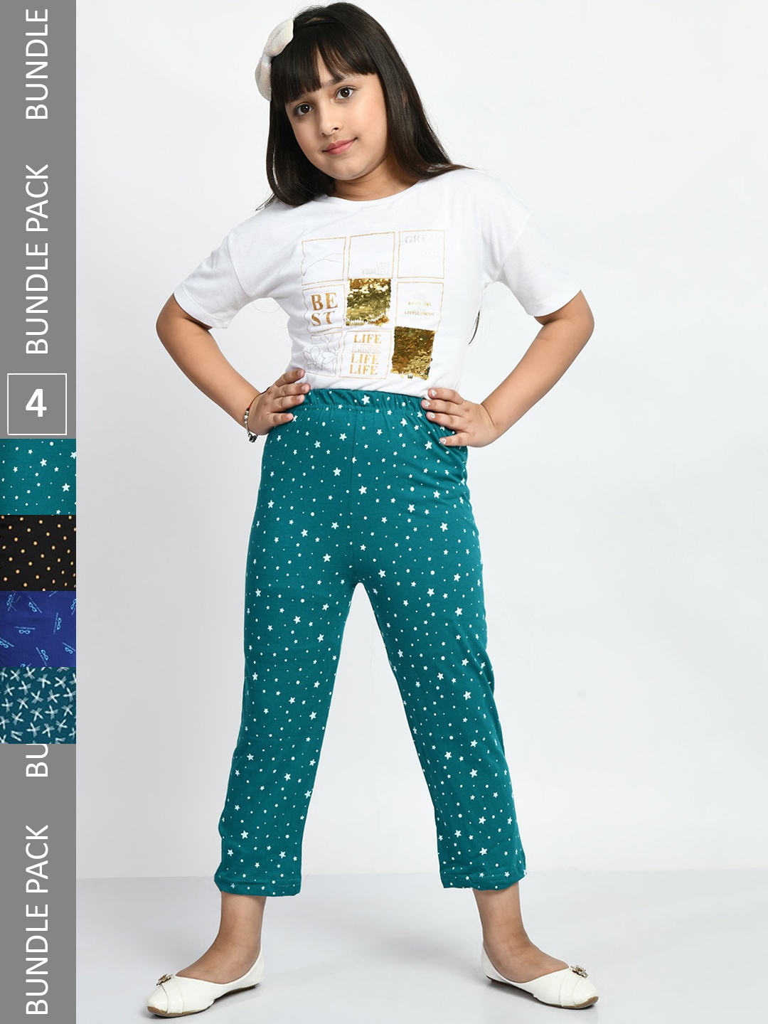 

BAESD Girls Pack Of 4 Printed Pure Cotton Lounge Pants, Teal