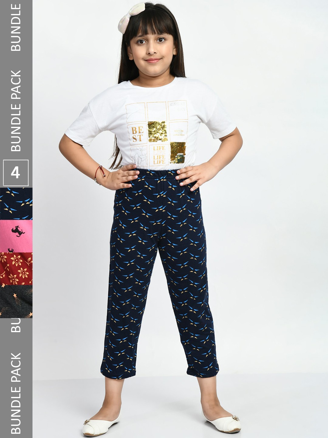 

BAESD Girls Pack Of 4 Printed Pure Cotton Lounge Pants, Navy blue