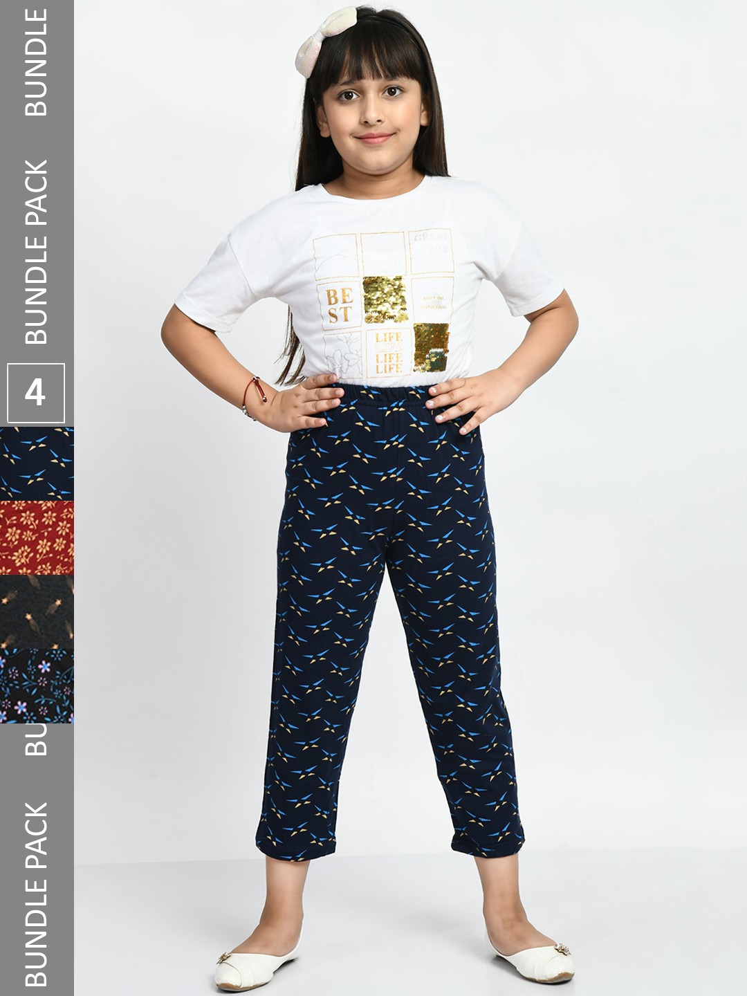 

BAESD Girls Pack Of 4 Printed Pure Cotton Lounge Pants, Navy blue