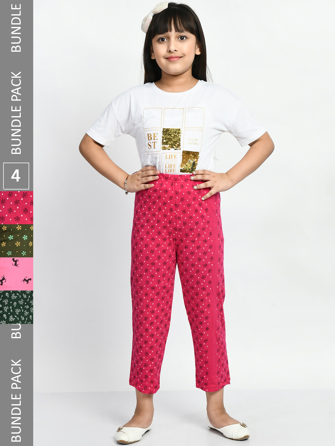 

BAESD Girls Pack Of 4 Printed Pure Cotton Lounge Pants, Fuchsia