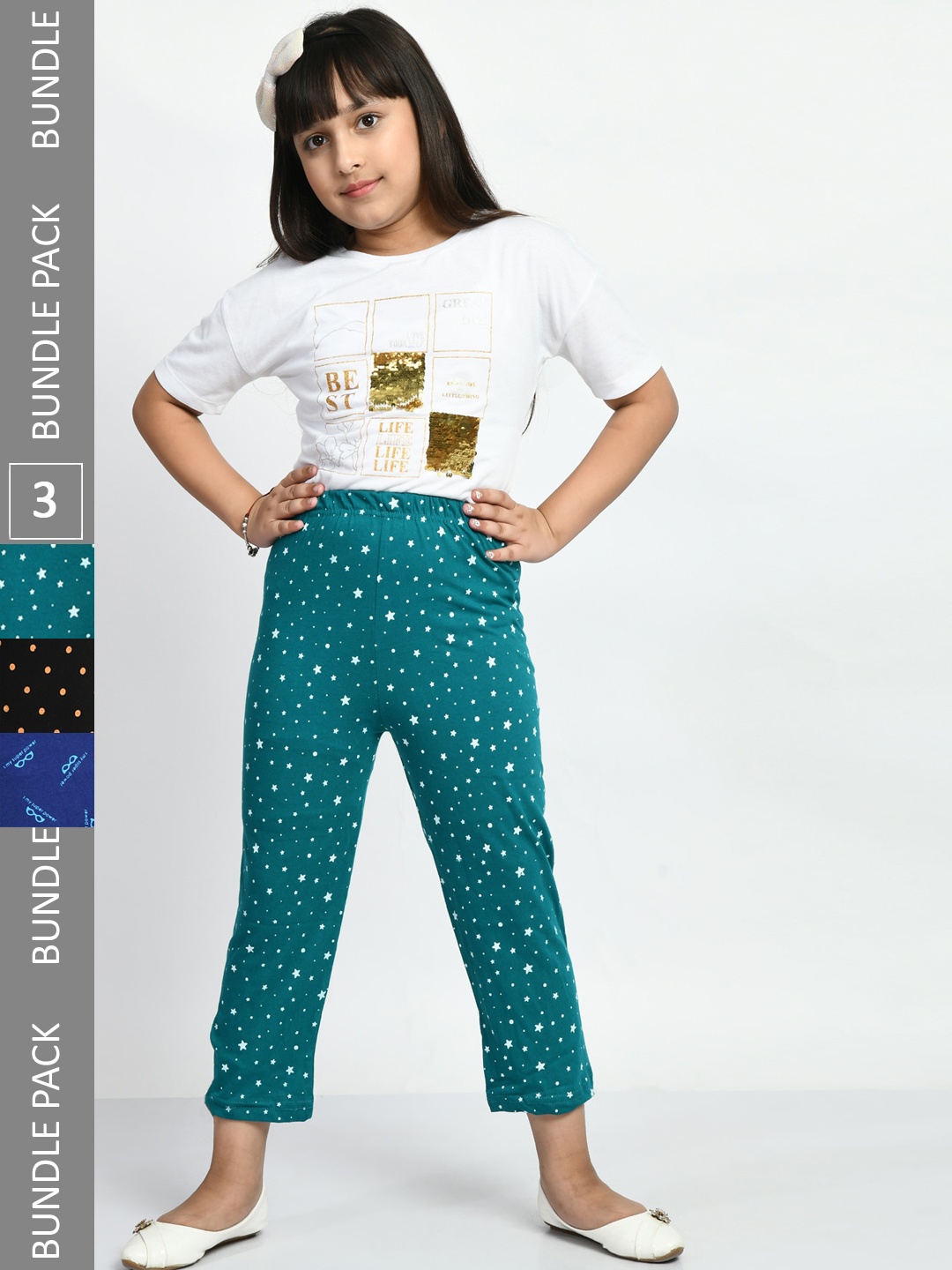

BAESD Girls Mid-Rise Pack Of 3 Printed Cotton Lounge Pants, Teal