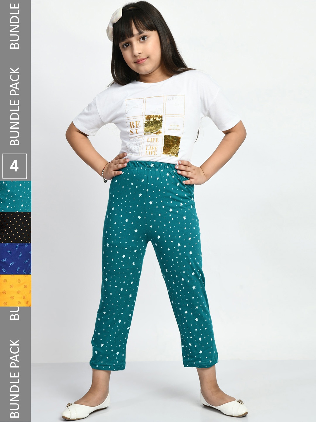 

BAESD Girls Mid-Rise Pack Of 4 Printed Cotton Cropped Lounge Pants, Blue