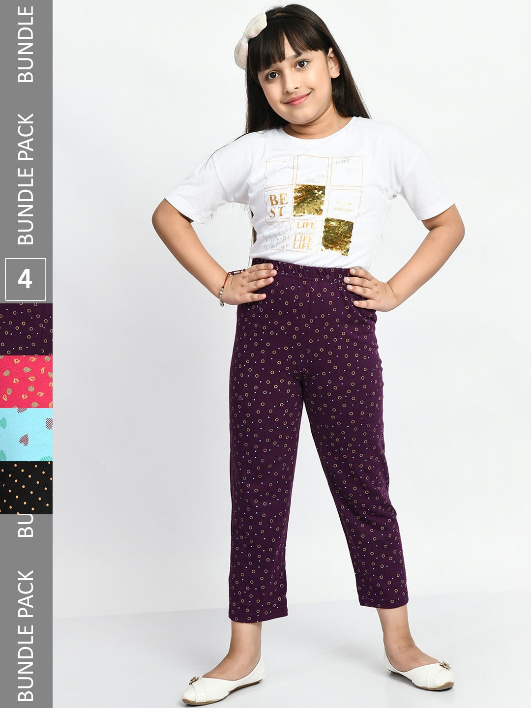 

BAESD Girls Mid-Rise Pack Of 4 Printed Lounge Pants, Purple