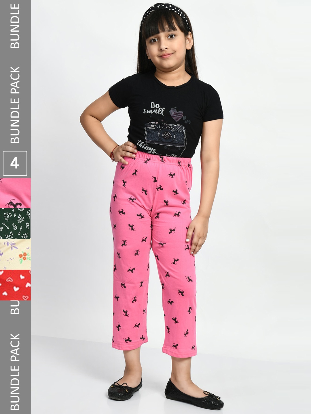 

BAESD Girls Mid-Rise Pack Of 4 Printed Cotton Lounge Pants, Pink