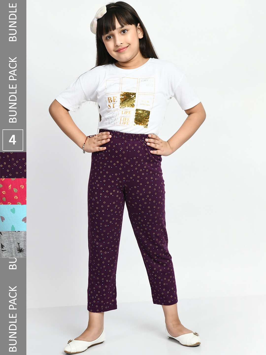 

BAESD Girls Pack Of 4 Printed Pure Cotton Lounge Pants, Purple