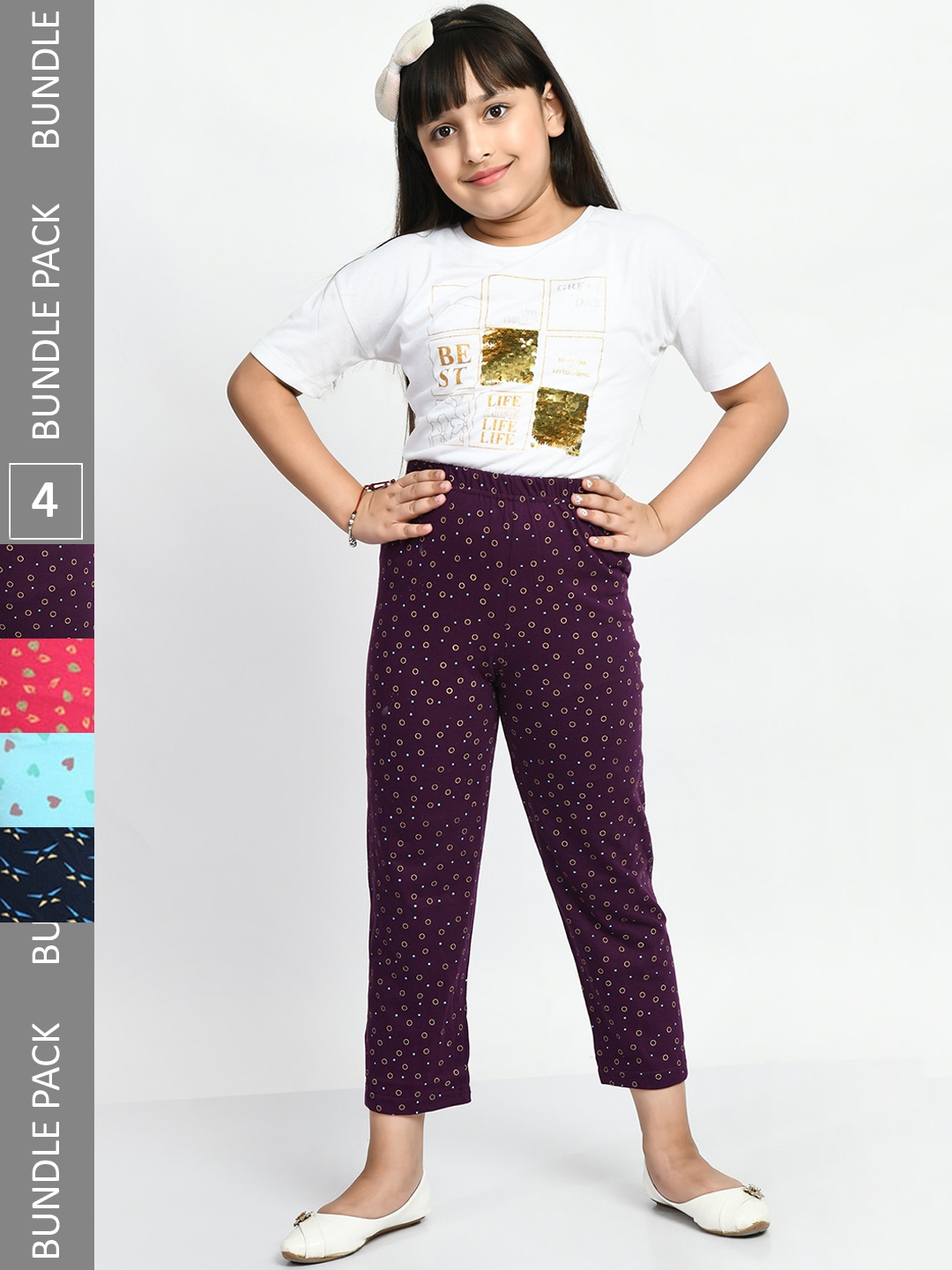 

BAESD Girls Pack Of 4 Printed Pure Cotton Lounge Pants, Purple