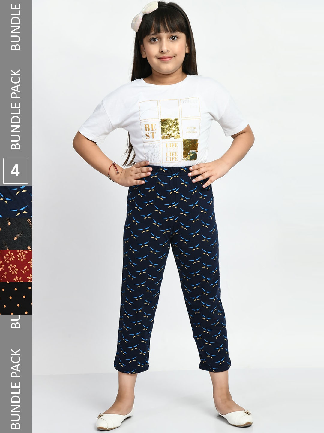 

BAESD Girls Pack Of 4 Printed Pure Cotton Lounge Pants, Navy blue