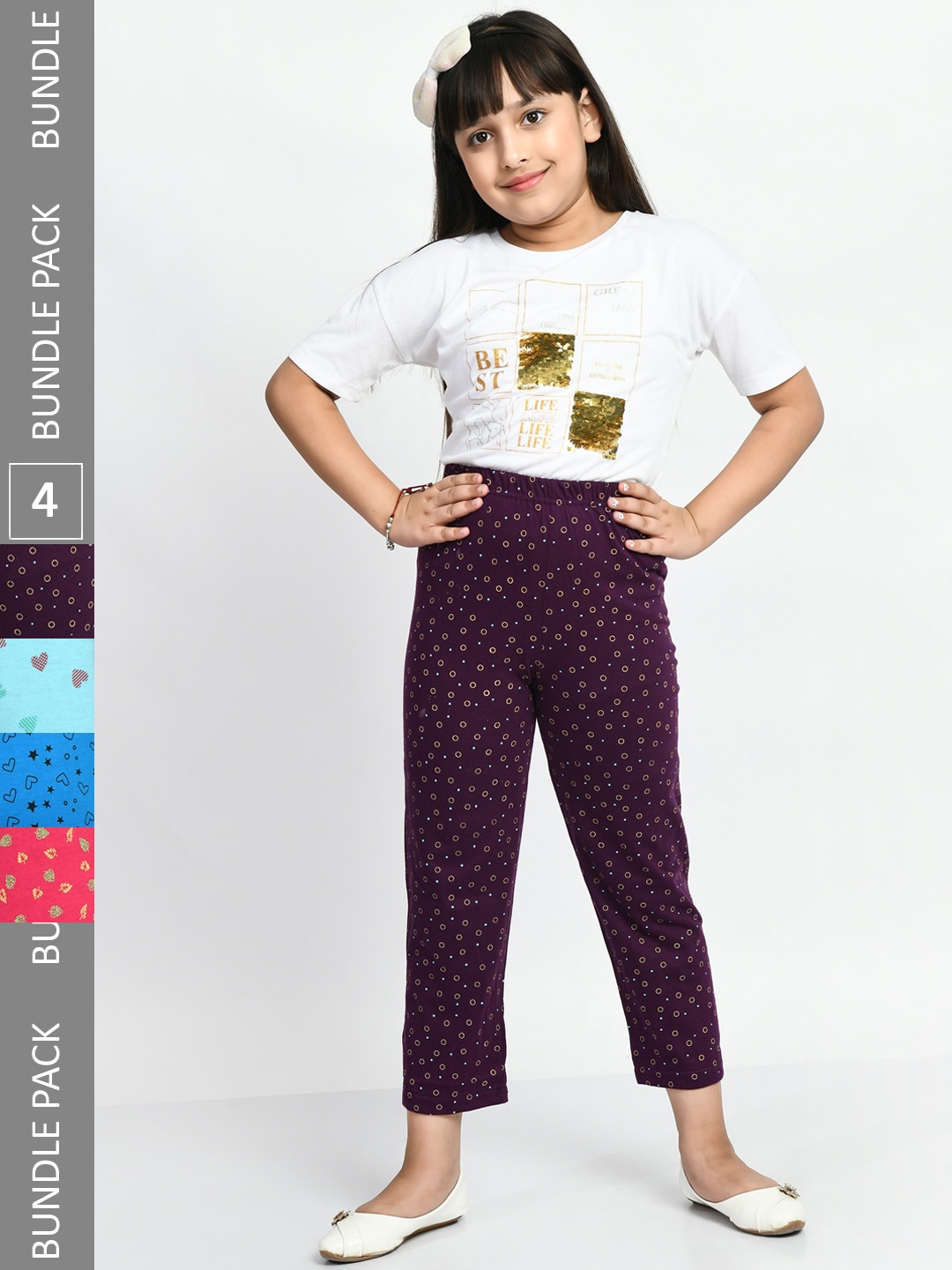

BAESD Girls Pack Of 4 Printed Pure Cotton Lounge Pants, Purple