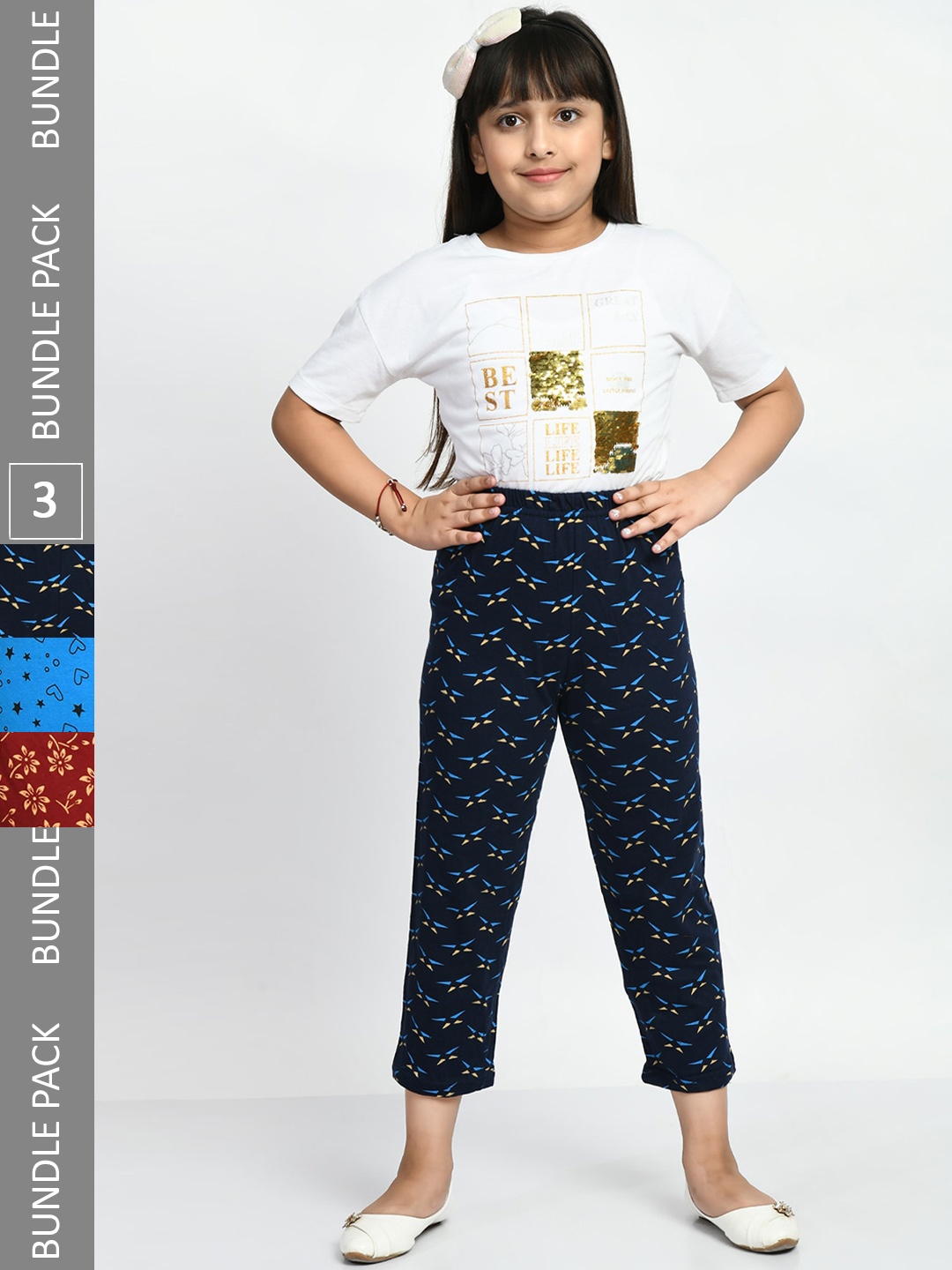 

BAESD Girls Pack Of 3 Printed Pure Cotton Lounge Pants, Navy blue