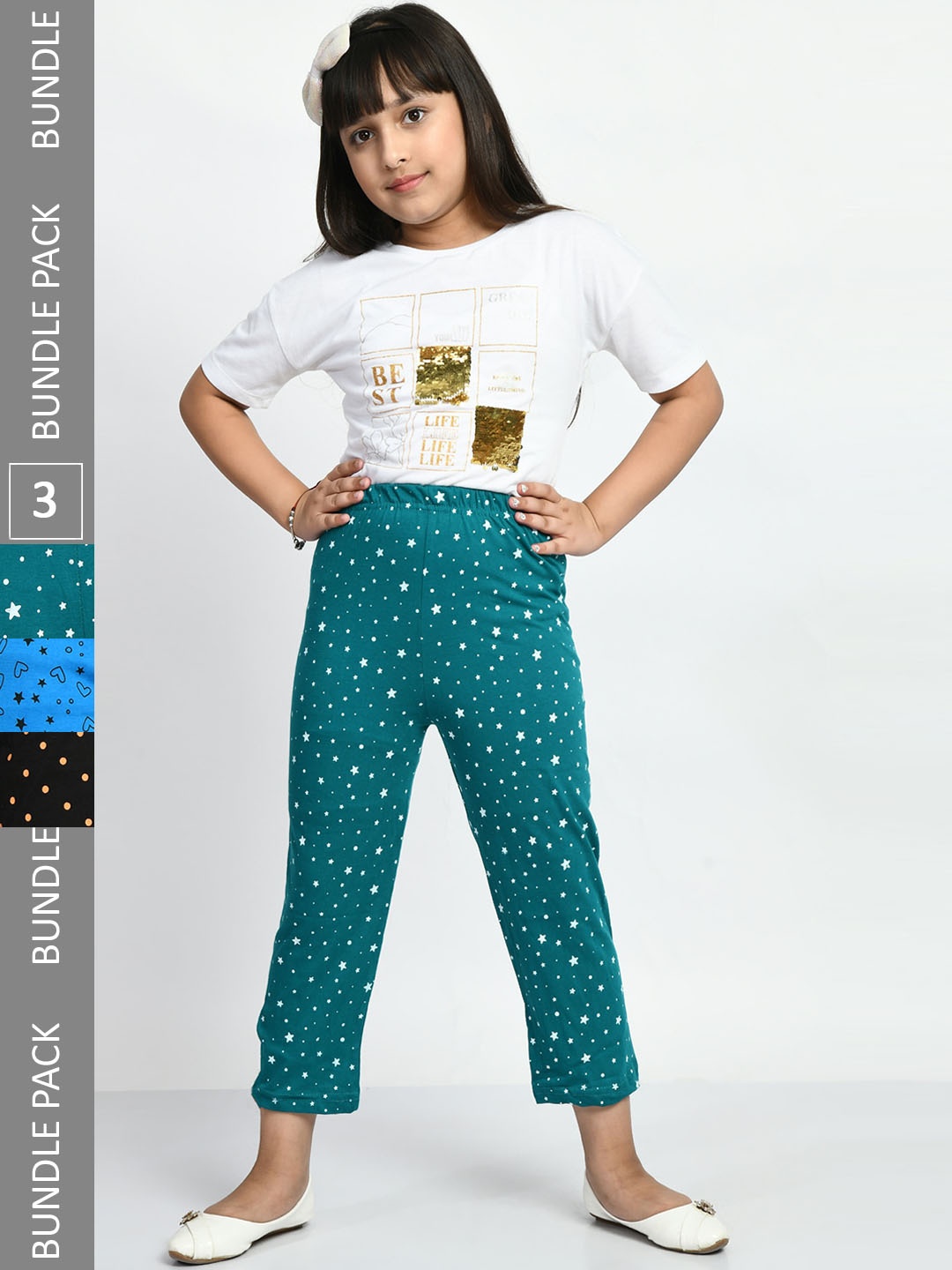 

BAESD Girls Pack Of 3 Printed Pure Cotton Lounge Pants, Green