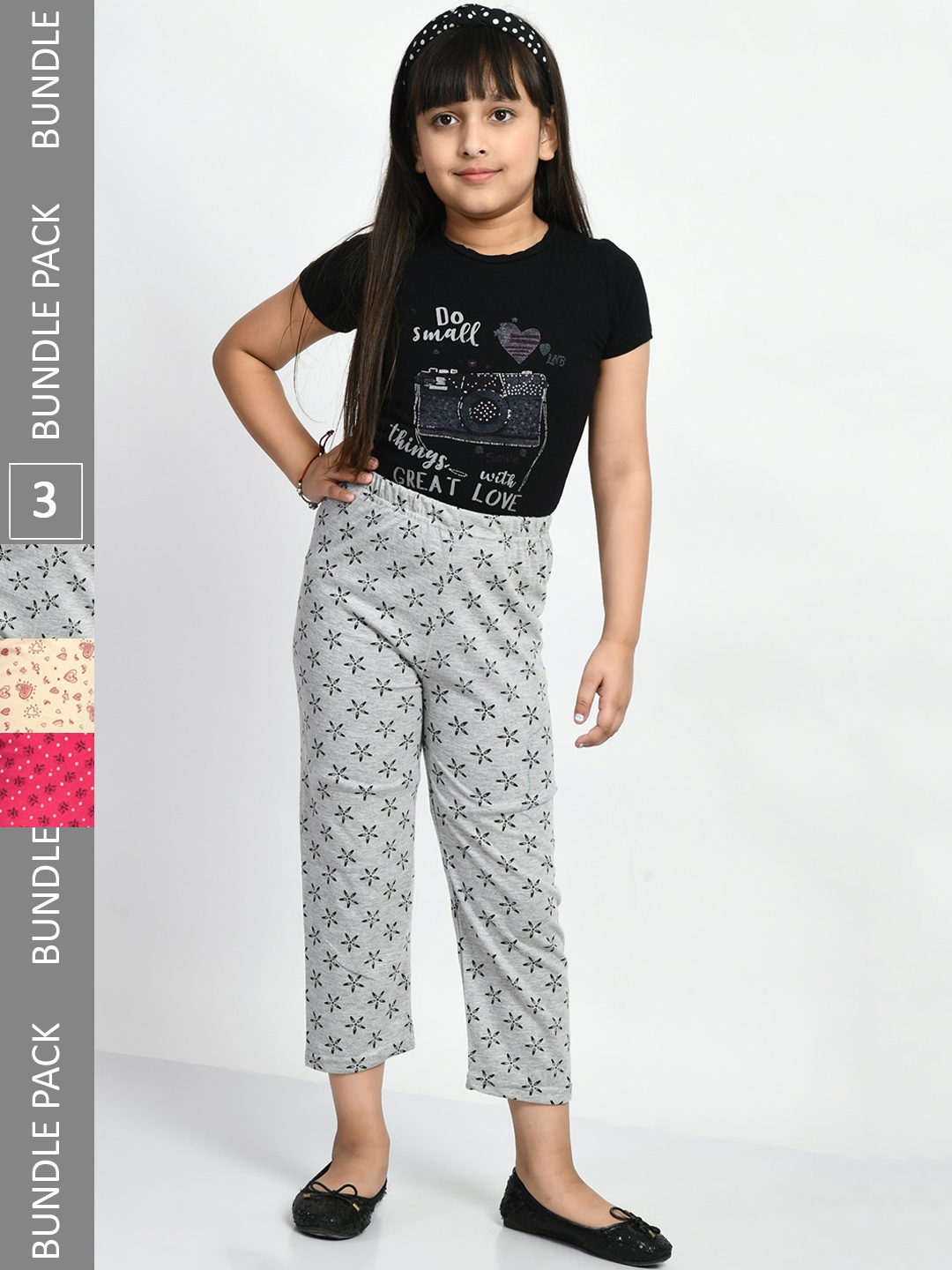

BAESD Girls Pack Of 3 Conversatioanl Printed Pure Cotton Lounge Pants, Grey