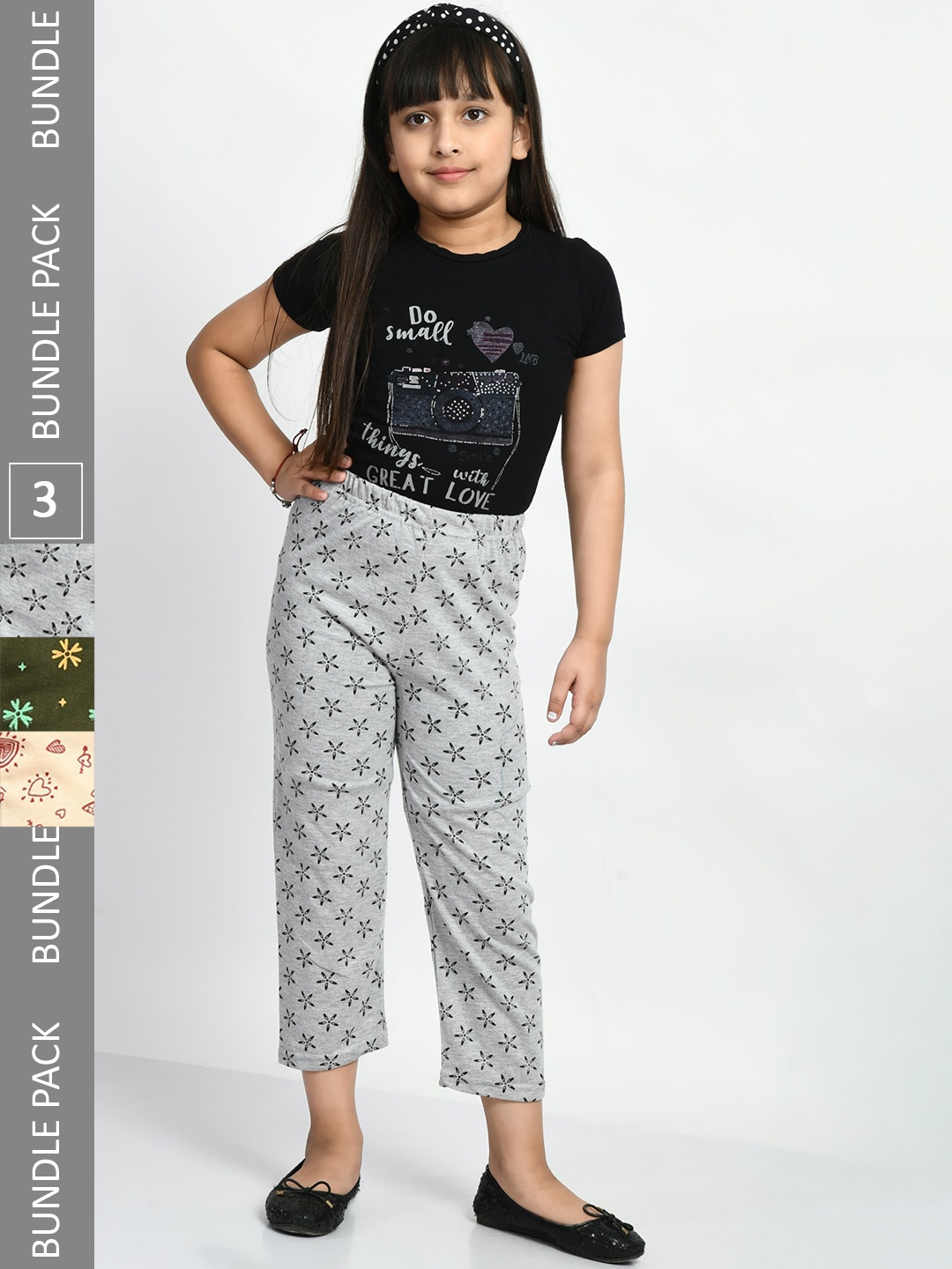 

BAESD Girls Pack Of 3 Printed Pure Cotton Mid-Rise Lounge Pants, Grey