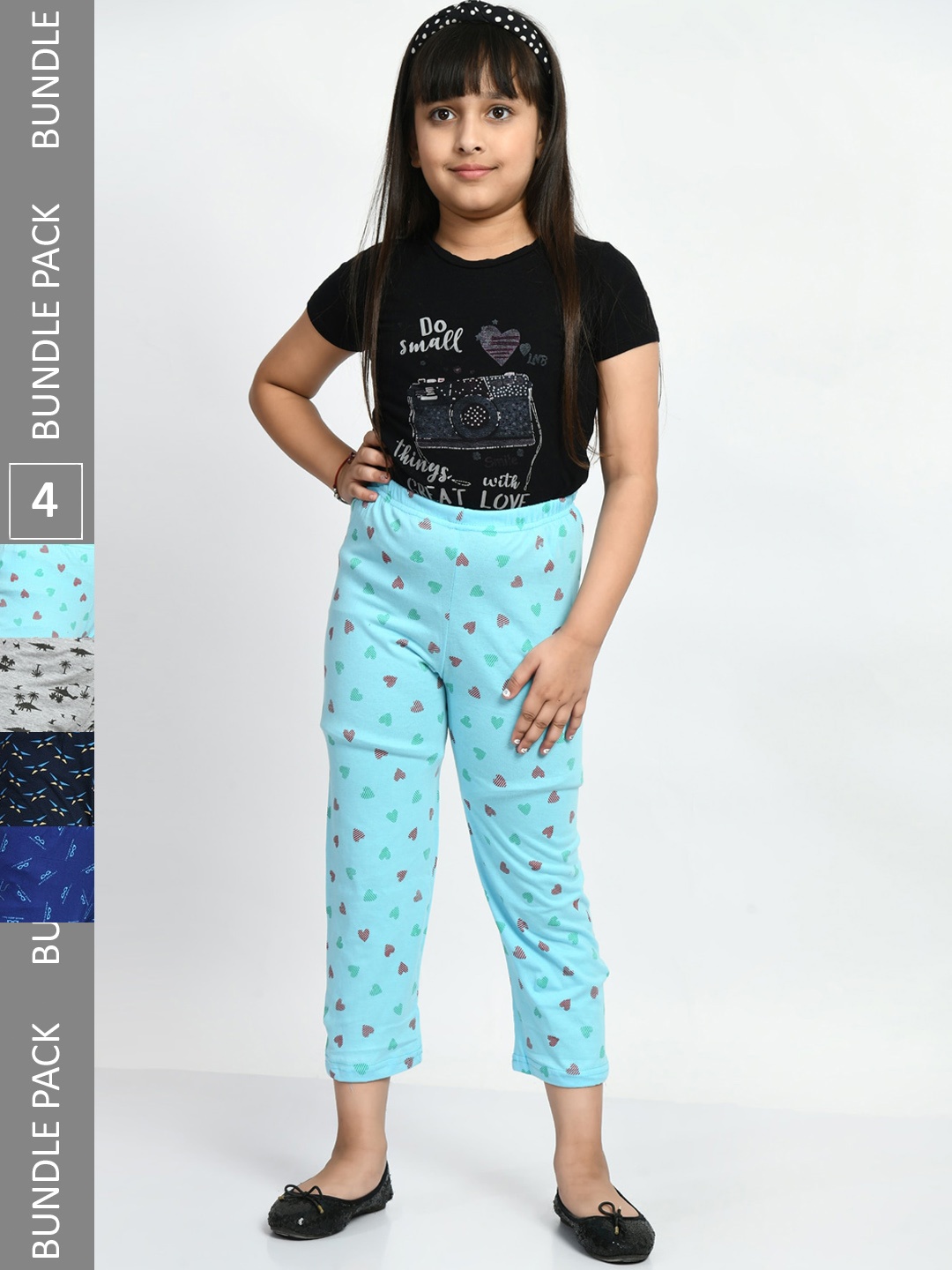 

BAESD Girls Pack Of 4 Printed Pure Cotton Mid-Rise Lounge Pants, Blue