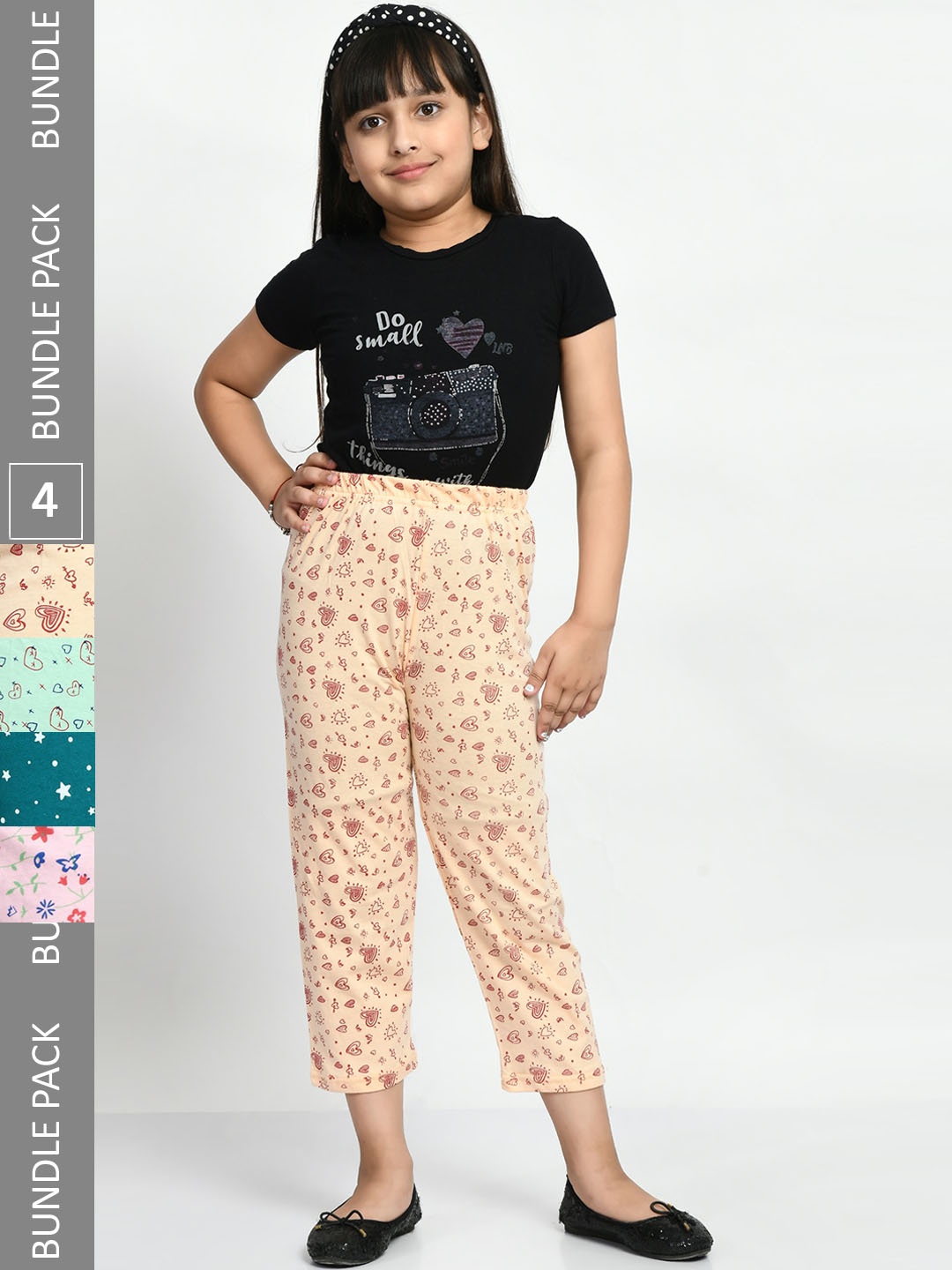 

BAESD Girls Pack Of 4 Printed Pure Cotton Mid-Rise Lounge Pants, Green