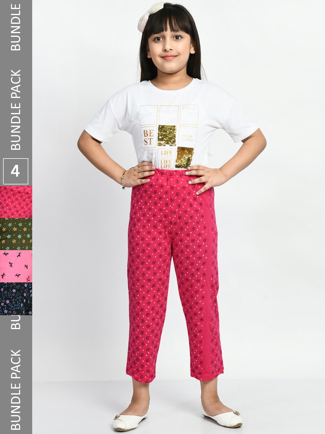 

BAESD Girls Pack Of 4 Printed Pure Cotton Mid-Rise Lounge Pants, Pink