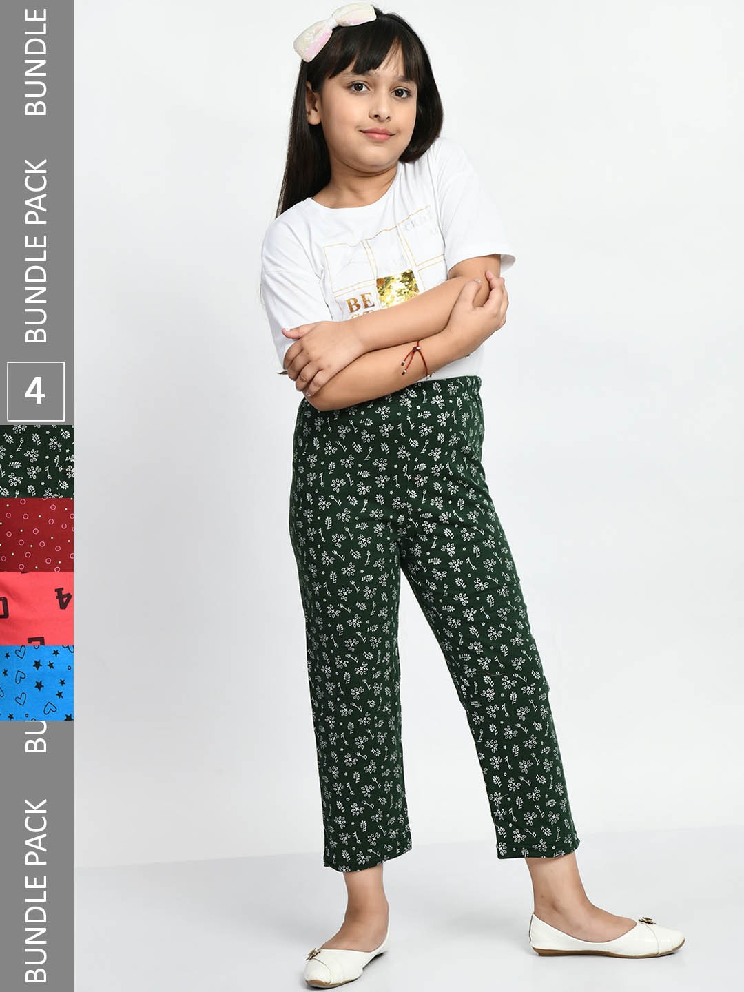 

BAESD Girls Pack Of 4 Printed Pure Cotton Mid-Rise Lounge Pants, Green