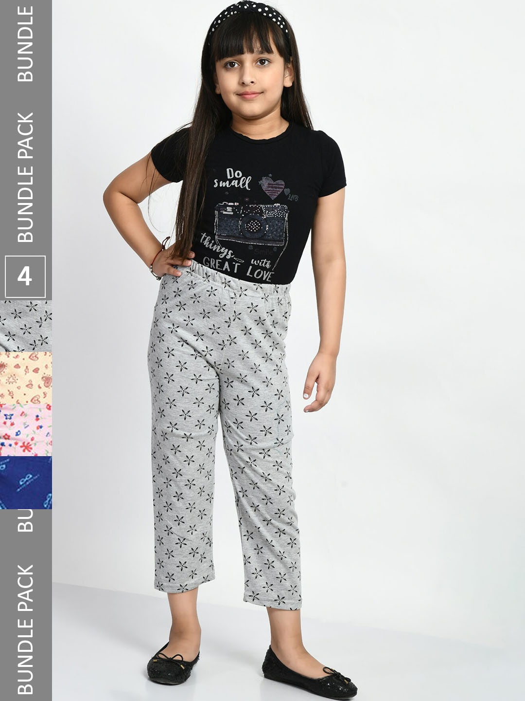 

BAESD Girls Pack Of 4 Printed Pure Cotton Mid-Rise Lounge Pants, Grey