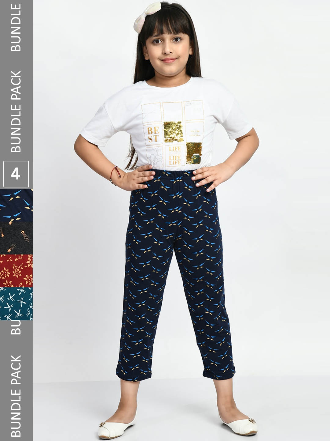 

BAESD Girls Pack Of 4 Printed Pure Cotton Lounge Pants, Navy blue