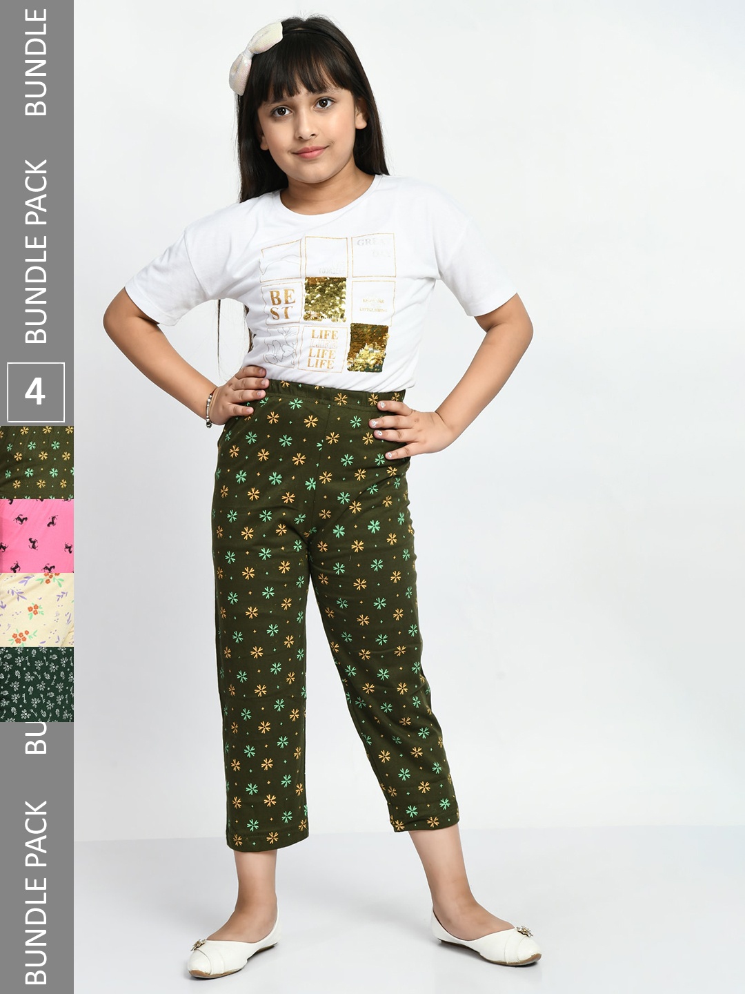 

BAESD Girls Pack Of 4 Printed Pure Cotton Lounge Pants, Green