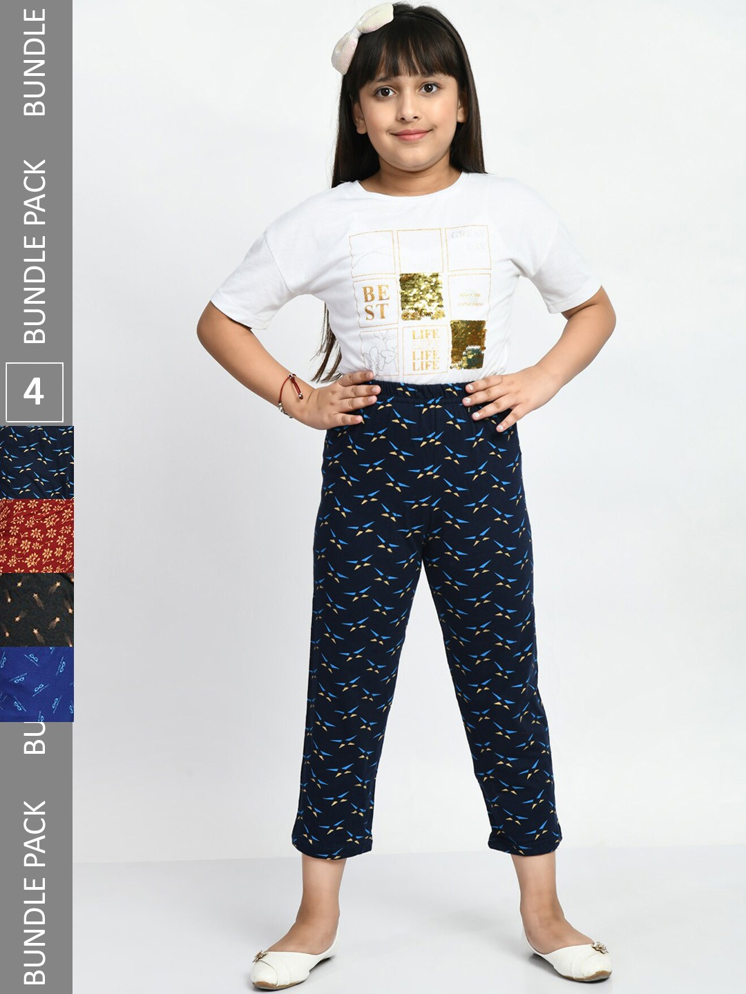 

BAESD Girls Pack Of 4 Printed Pure Cotton Lounge Pants, Navy blue