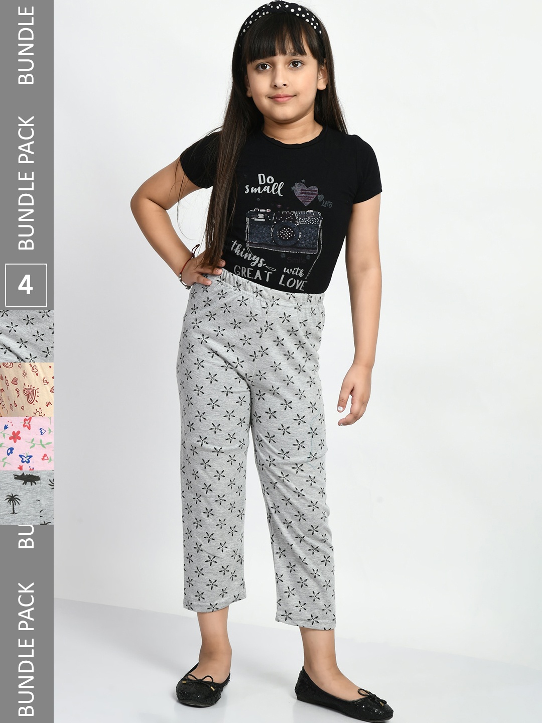 

BAESD Girls Pack of 4 Printed Pure Cotton Lounge Pants, Grey melange
