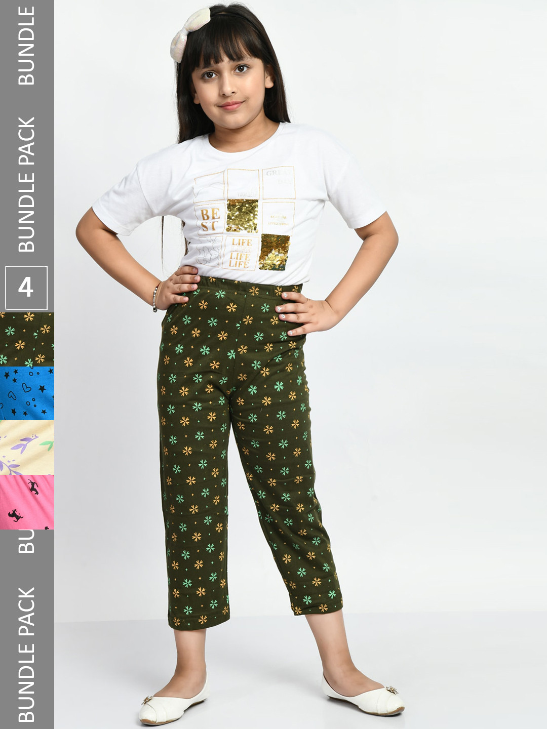 

BAESD Girls Pack Of 4 Printed Cotton Cropped Lounge Pants, Olive