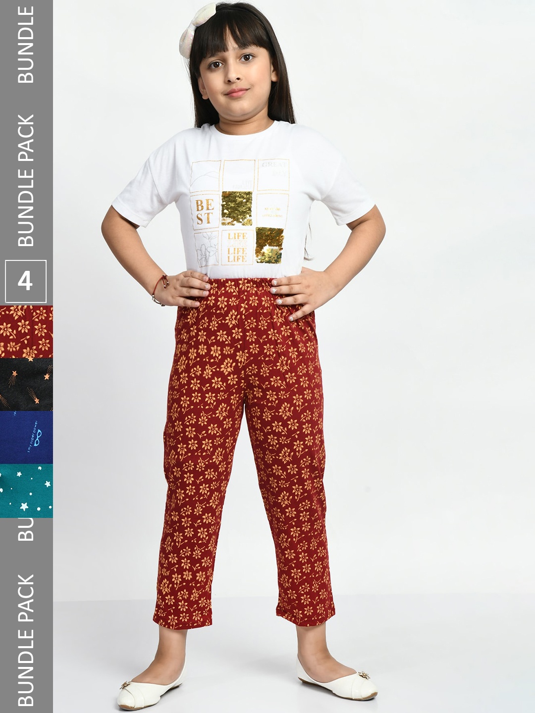 

BAESD Girls Set Of 4 Printed Cotton Lounge Pants, Red