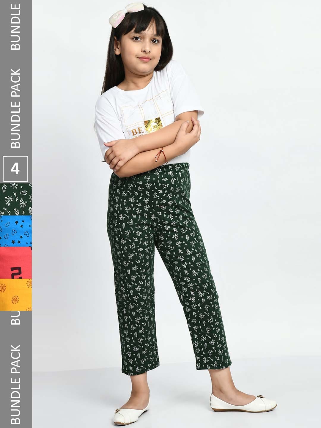 

BAESD Girls Pack Of 4 Printed Cotton Cropped Lounge Pants, Green