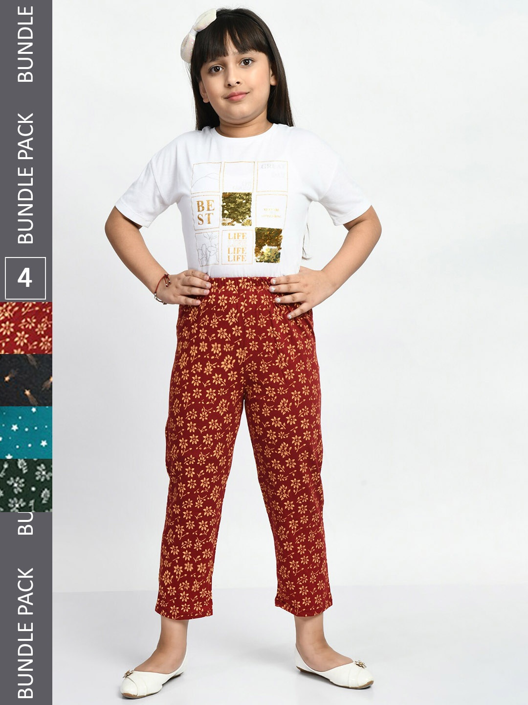 

BAESD Girls Pack Of 4 Printed Pure Cotton Lounge Pants, Maroon