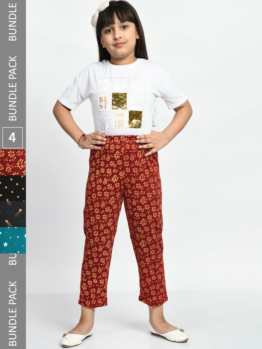 

BAESD Girls Pack Of 4 Printed Cotton Lounge Pants, Red