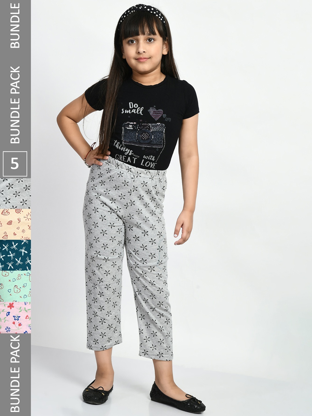 

BAESD Girls Pack Of 5 Printed Pure Cotton Mid-Rise Lounge Pants, Multi