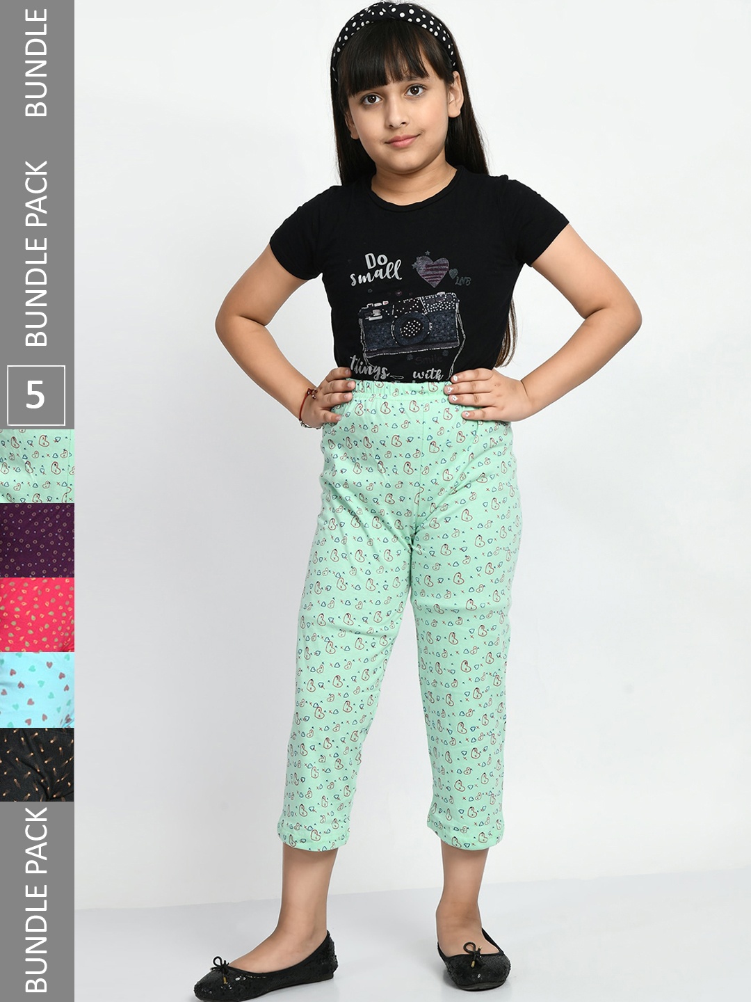 

BAESD Girls Pack Of 5 Printed Pure Cotton Lounge Pants, Green