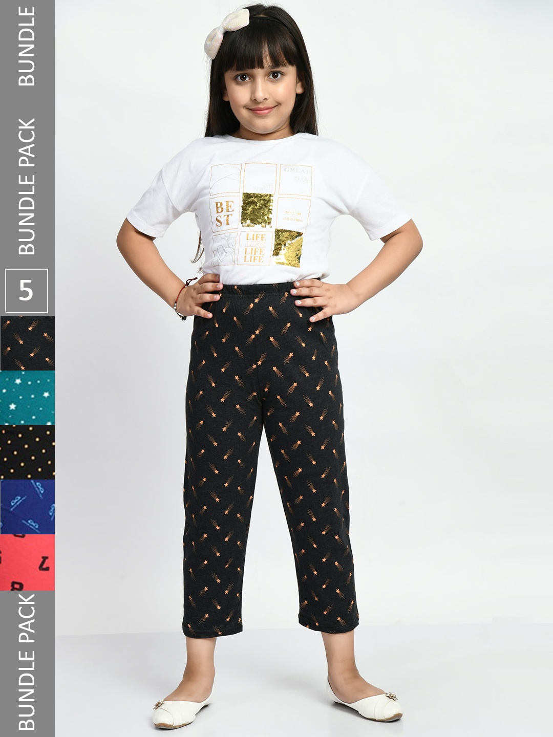 

BAESD Girls Pack Of 5 Conversatioanl Printed Pure Cotton Lounge Pants, Black