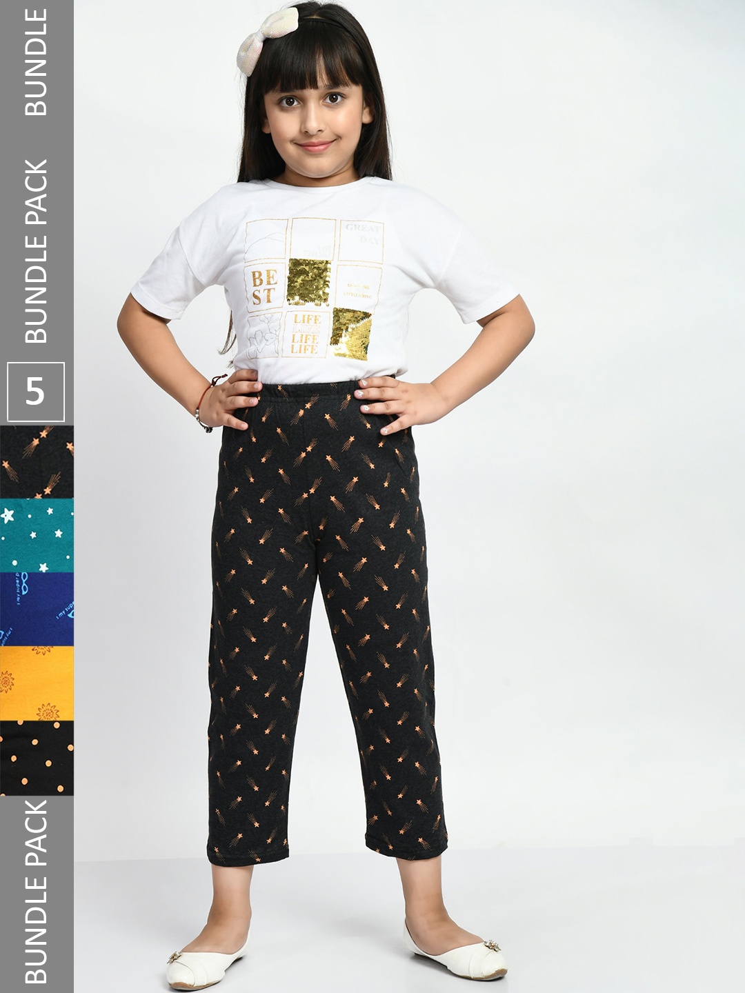

BAESD Girls Pack Of 5 Printed Pure Cotton Lounge Pants, Black