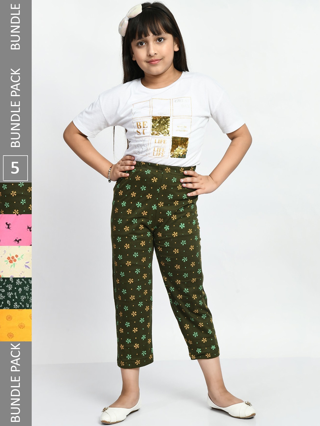 

BAESD Girls Pack Of 5 Printed Pure Cotton Lounge Pants, Green