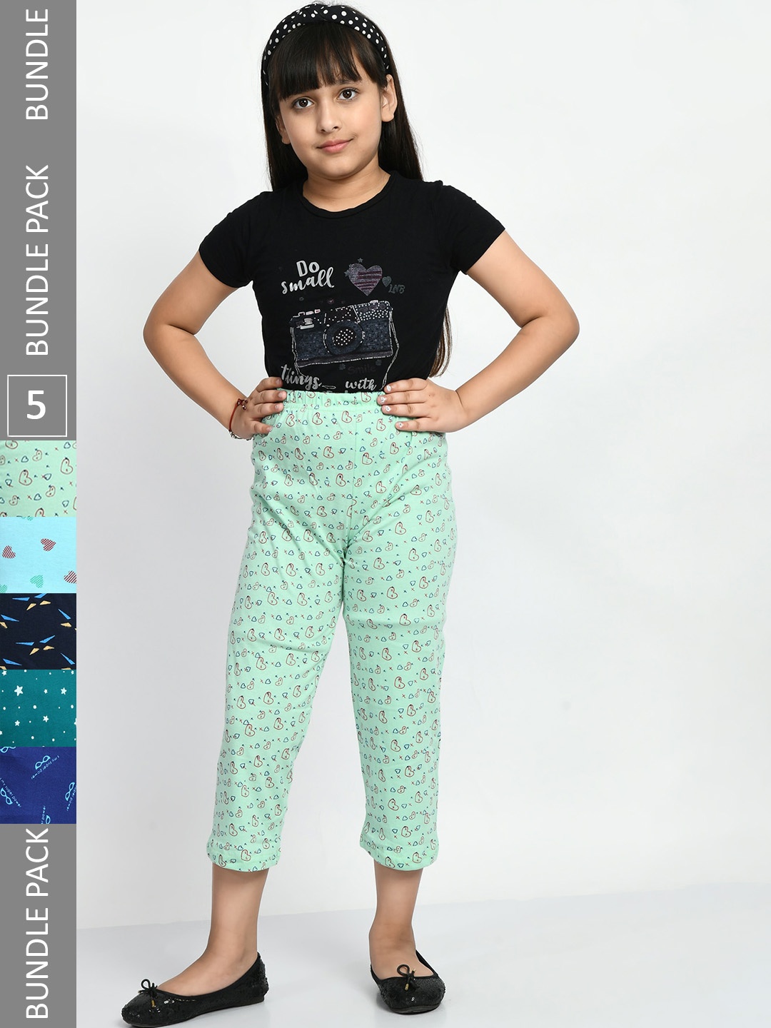 

BAESD Girls Mid-Rise Pack Of 5 Printed Cotton Lounge Pants, Sea green