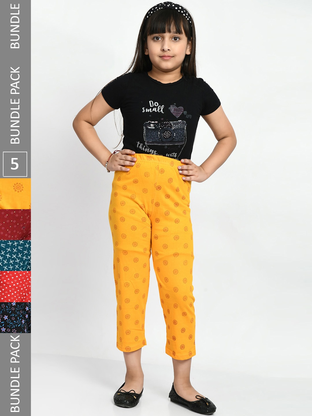 

BAESD Girls Set Of 5 Printed Cotton Lounge Pants, Yellow